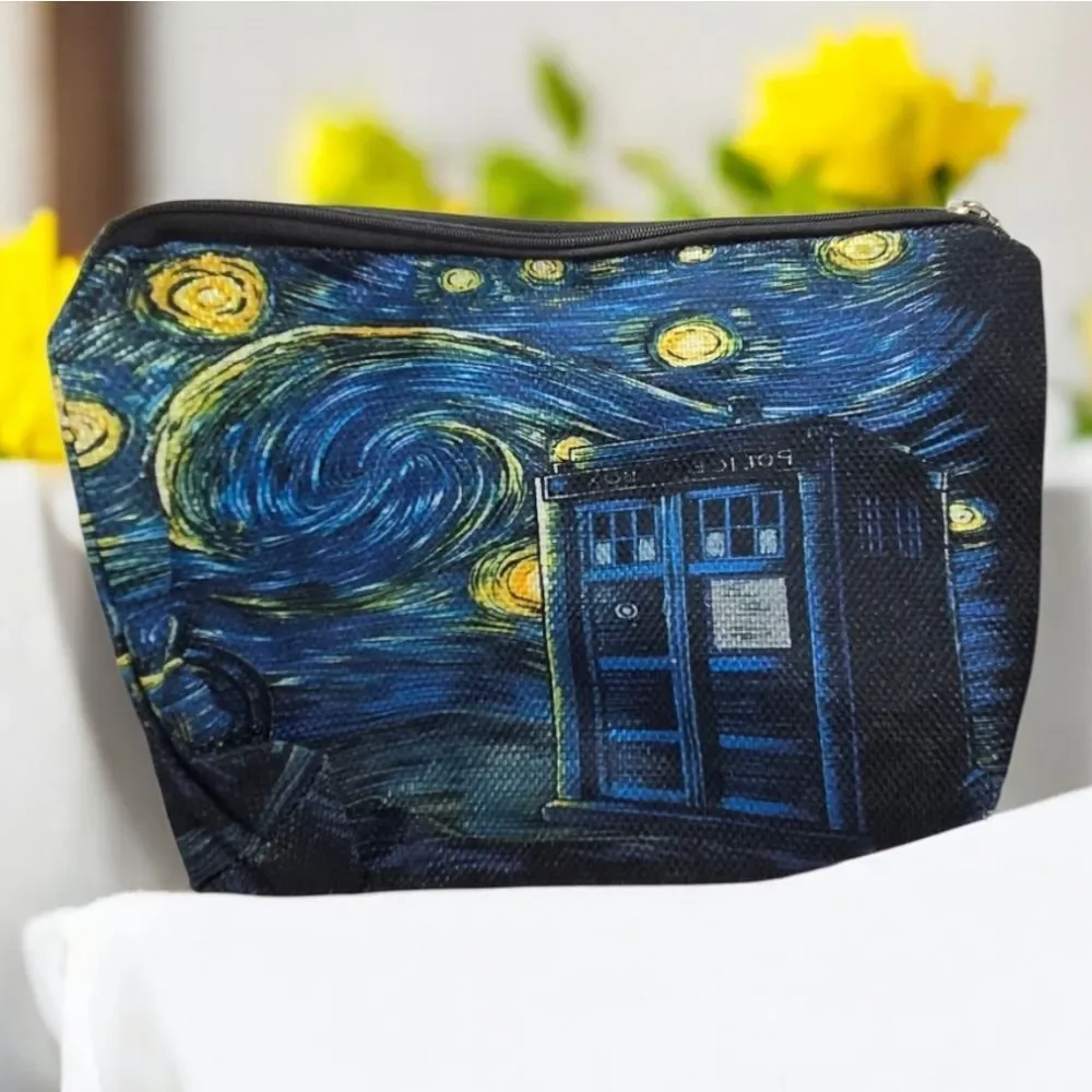 Doctor Who TARDIS Starry Night Cosmetic Bag Whovian Van Gogh Art Makeup Pouch